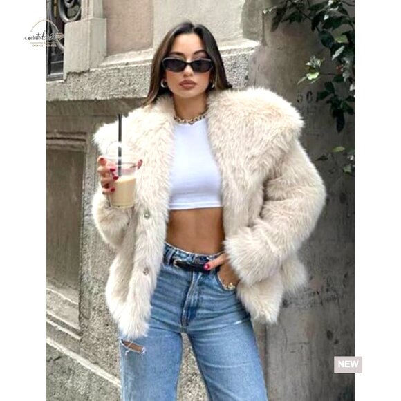 Faux Fur Jacket Cropped Lapel Button Down Winter Outerwear - Picture 2 of 7